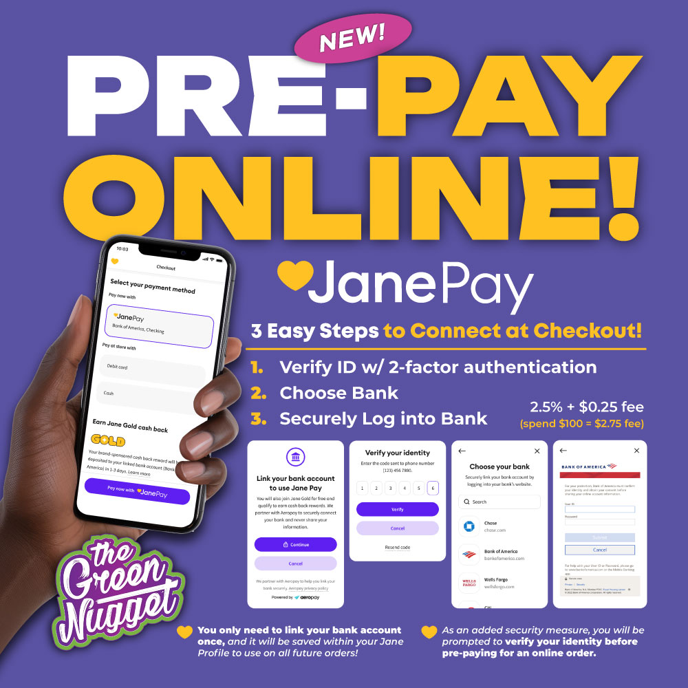 Jane Pay JanePay pay online cannabis menu bank money transfer phone online ordering marijuana menu spokane preorder thc cbd edibles live resin vape battery dispensary near me open now best budtender in spokane retail store weed pot shop