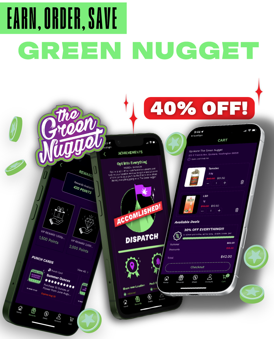 App the green nugget loyalty order online in store application google play android apple store iphone game spin the wheel earn points bonus specials deals mission badge weed pot cannabis marijuana thc cbd hybrid sativa indica spokane pullman mead newport